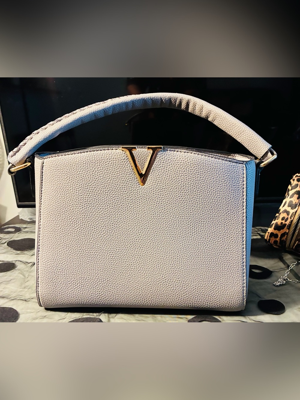 Elegant Gray Top-Handle Satchel with Gold V Accent